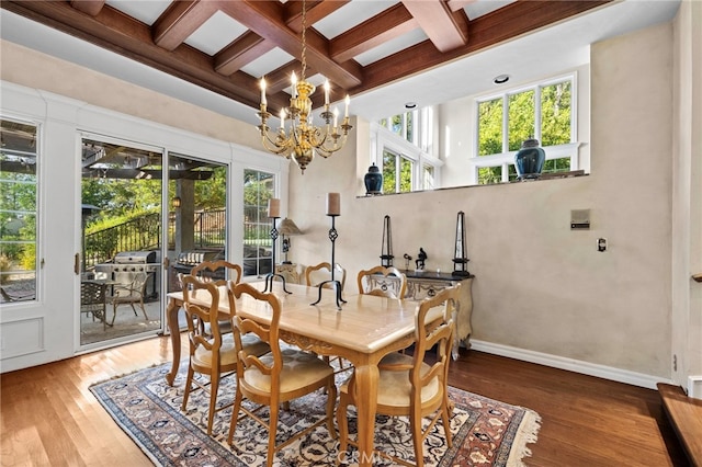 dining area with beamed ceiling, coffered ceiling, hardwood / wood-style flooring, and a healthy amount of sunlight