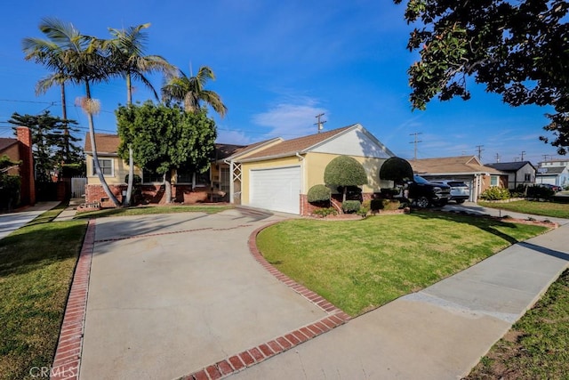 13007 Haas Ave, Gardena, CA 90249 - view of front facade featuring driveway, a front yard, a garage, brick siding, and stucco siding
