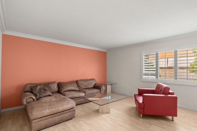 living room with crown molding and light hardwood / wood-style flooring