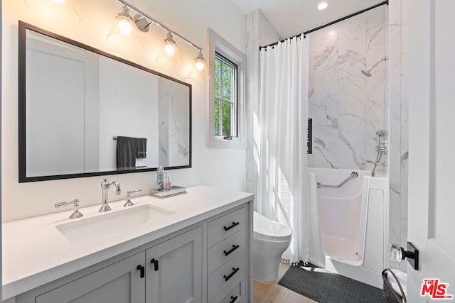 full bathroom with toilet, vanity, and shower / bathtub combination with curtain