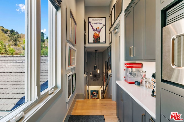 interior space featuring gray cabinets and light wood-type flooring