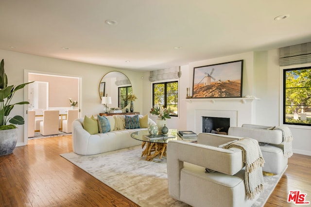 living room with a brick fireplace and light hardwood / wood-style flooring