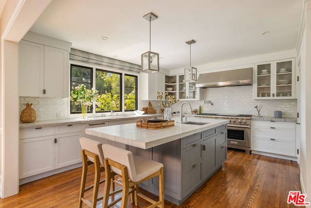 kitchen featuring stainless steel range, sink, range hood, white cabinets, and an island with sink