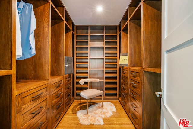 walk in closet featuring light hardwood / wood-style flooring