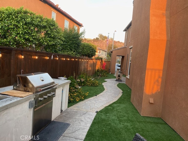 view of yard featuring exterior kitchen