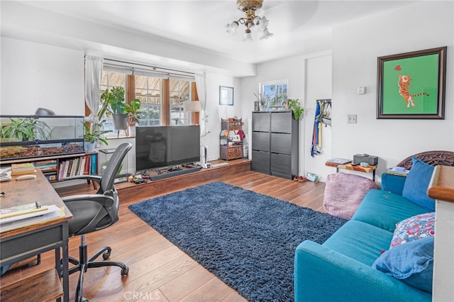 office space featuring ceiling fan and hardwood / wood-style floors