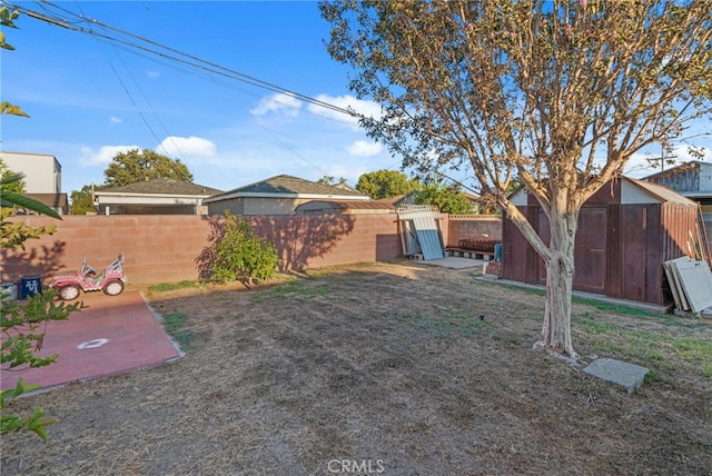 view of yard with a storage unit and a patio area