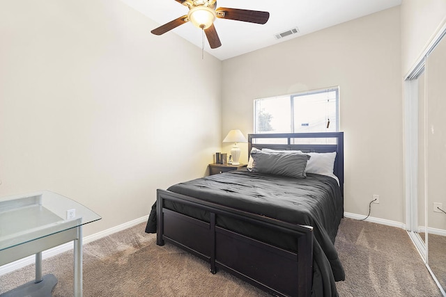 carpeted bedroom featuring ceiling fan and lofted ceiling