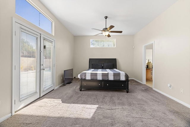 carpeted bedroom with ceiling fan and access to exterior