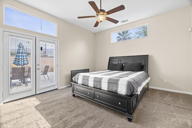 carpeted bedroom with ceiling fan, access to exterior, and french doors