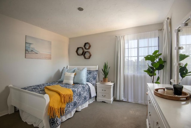 bedroom with dark colored carpet