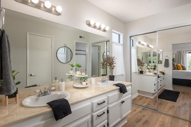 bathroom with hardwood / wood-style flooring, vanity, and a wealth of natural light