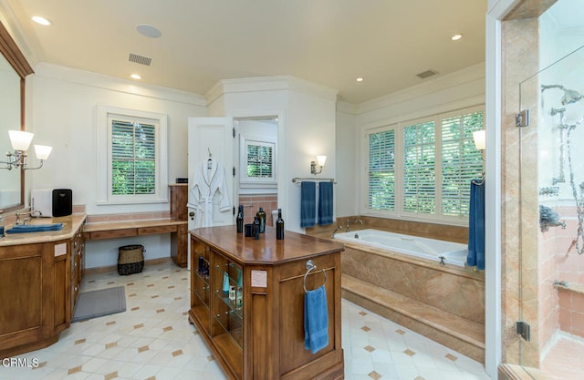 bathroom with vanity, plus walk in shower, and crown molding