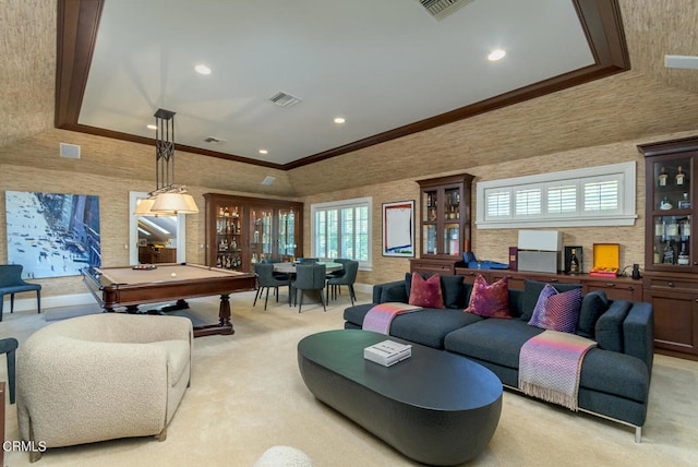 living room with light colored carpet, billiards, crown molding, and a healthy amount of sunlight