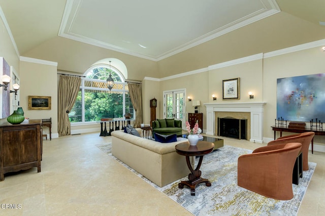 living room featuring crown molding and a high ceiling