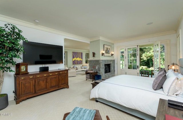 bedroom featuring light colored carpet and crown molding