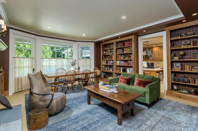 living room with ornamental molding