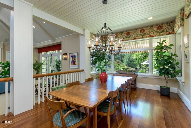 dining area with a chandelier, dark wood-type flooring, wooden ceiling, and lofted ceiling with beams