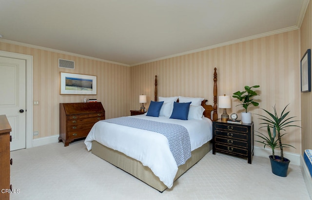 bedroom with carpet and crown molding