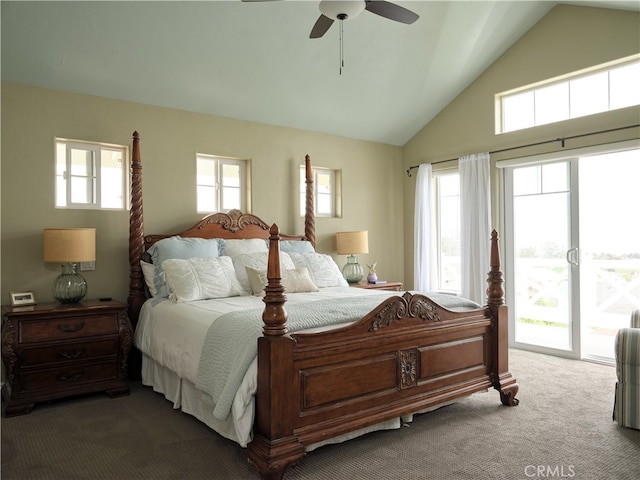 carpeted bedroom featuring lofted ceiling, ceiling fan, and access to exterior