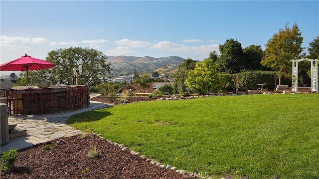 view of yard featuring a bar, a patio, and a mountain view