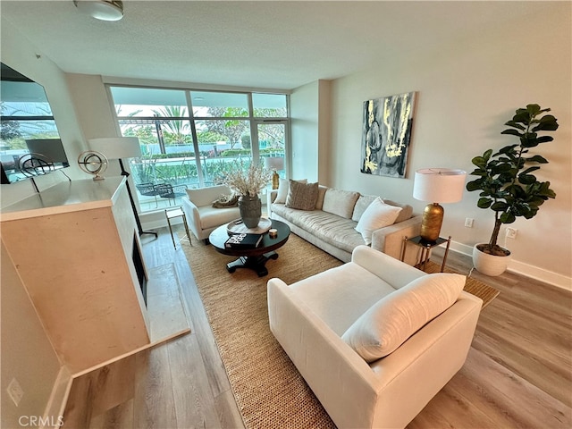 living room featuring a wall of windows and light wood-type flooring