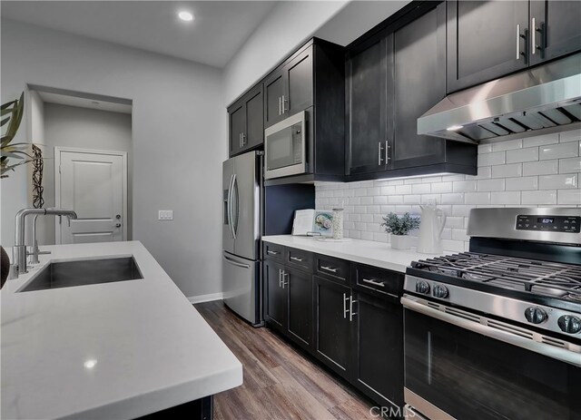 kitchen featuring stainless steel appliances, backsplash, dark wood-type flooring, and sink