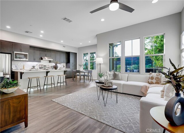 living room with ceiling fan, light wood-type flooring, plenty of natural light, and sink