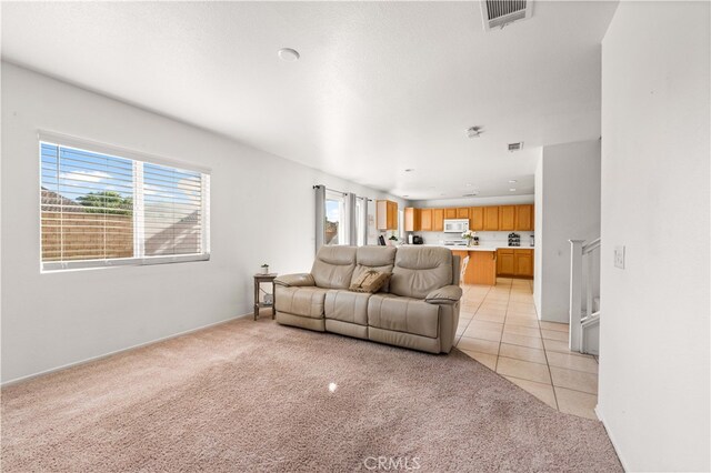 living room featuring light carpet