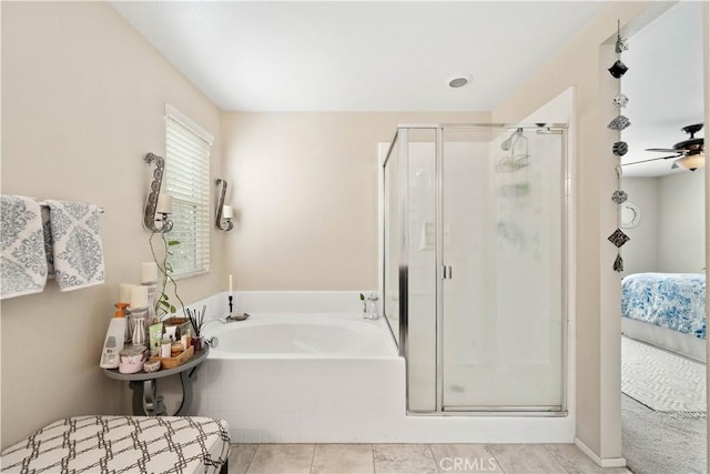 ensuite bathroom featuring connected bathroom, tile patterned floors, a stall shower, a ceiling fan, and a bath