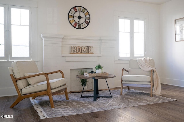 living area featuring a brick fireplace and dark hardwood / wood-style flooring