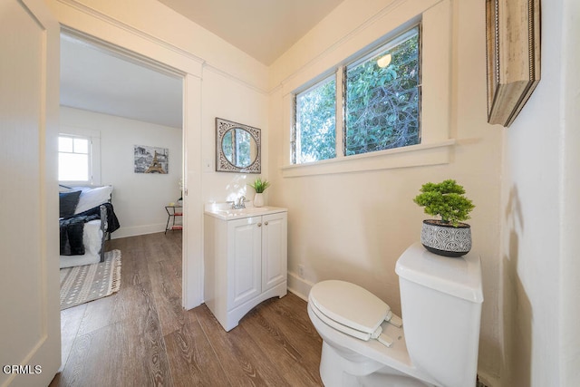 bathroom featuring vanity, toilet, and hardwood / wood-style flooring