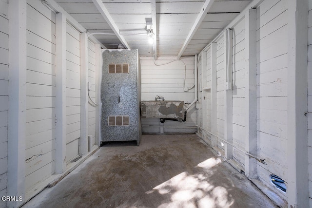 basement featuring wood walls