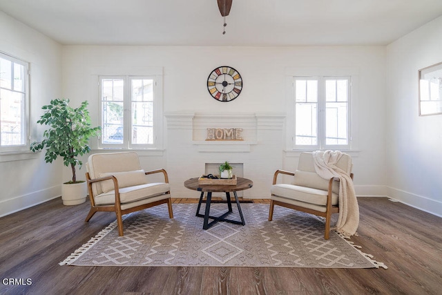 living area with ceiling fan and hardwood / wood-style floors