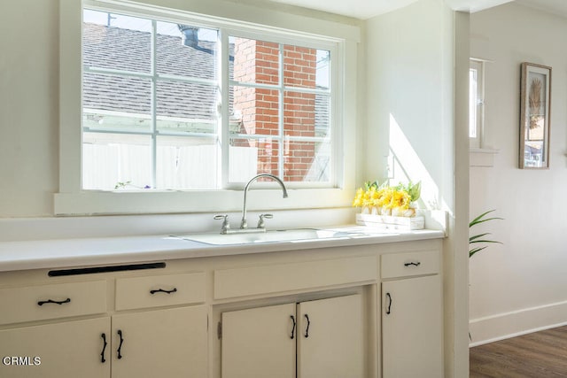 kitchen with hardwood / wood-style floors, sink, and white cabinets