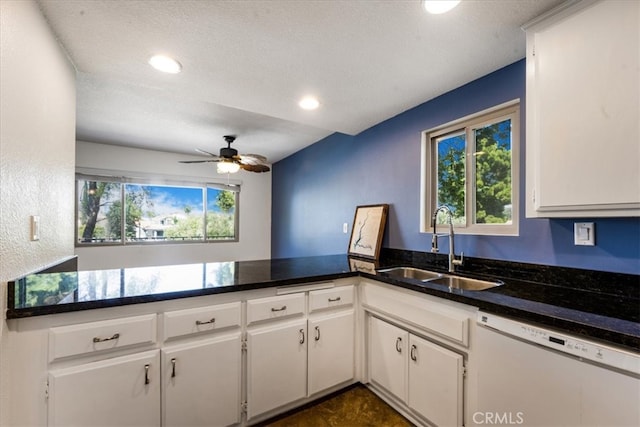 kitchen featuring white dishwasher, sink, and white cabinetry