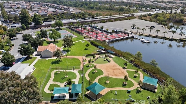 drone / aerial view with a water view