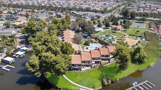 drone / aerial view featuring a water view