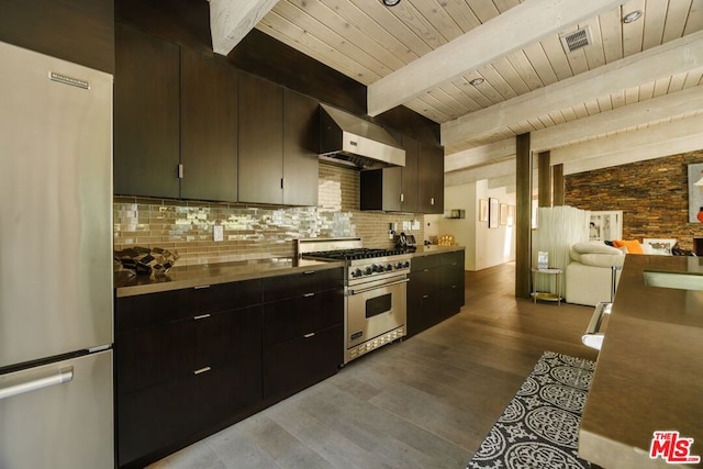 kitchen featuring wooden ceiling, wall chimney range hood, beamed ceiling, appliances with stainless steel finishes, and hardwood / wood-style flooring