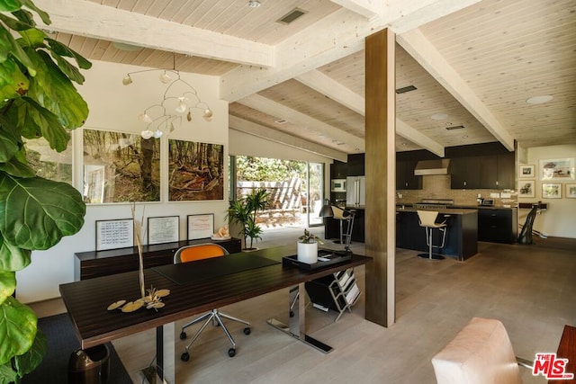 office area featuring lofted ceiling with beams, light hardwood / wood-style flooring, and wooden ceiling