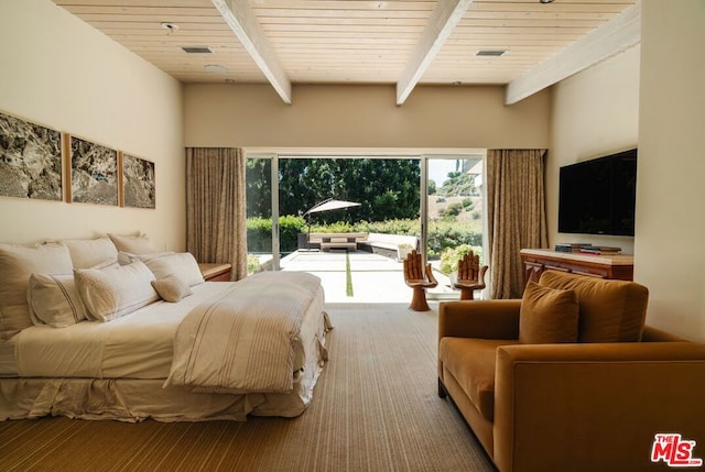 bedroom with beam ceiling, access to exterior, carpet, and wood ceiling