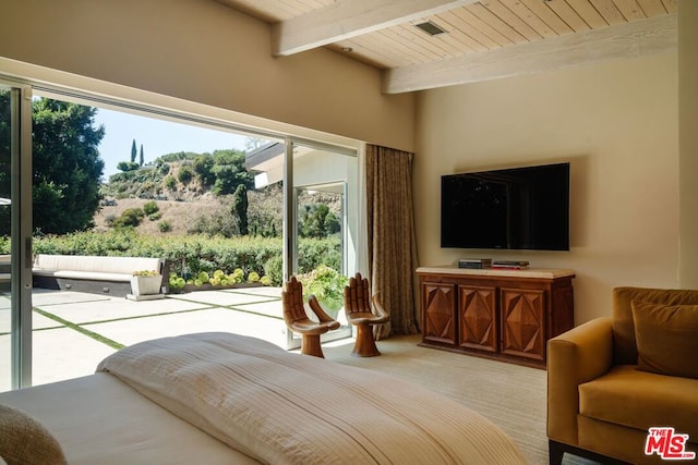 bedroom with access to outside, wooden ceiling, beamed ceiling, and light colored carpet