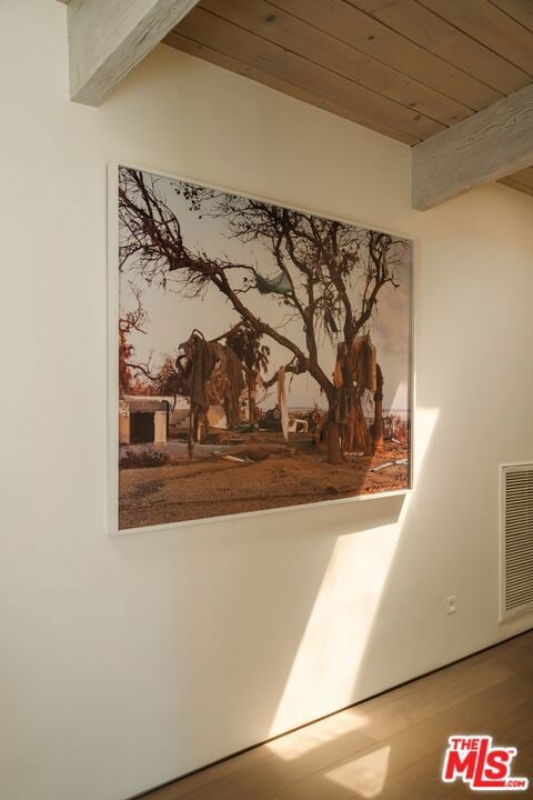 details with beamed ceiling, hardwood / wood-style floors, and wooden ceiling