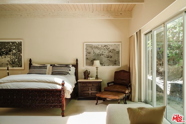 bedroom with carpet flooring, beam ceiling, access to exterior, and wood ceiling