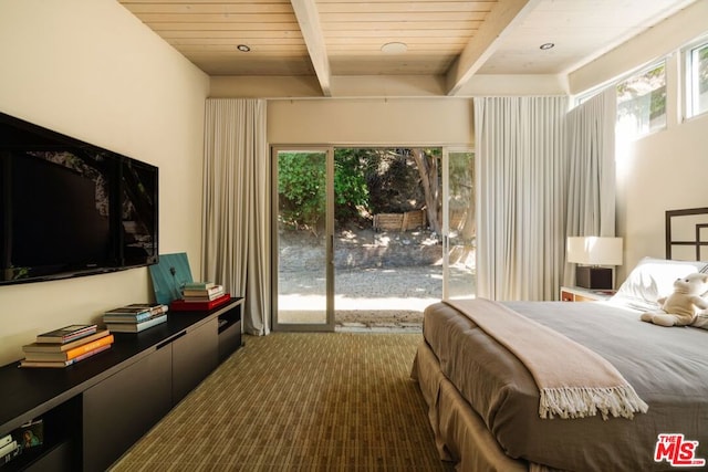 bedroom featuring access to outside, multiple windows, beamed ceiling, and wood ceiling