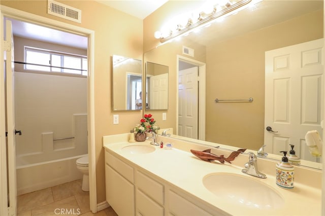 full bathroom with tile patterned floors, shower / tub combination, vanity, and toilet