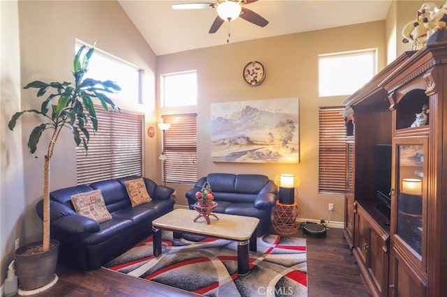 living room with vaulted ceiling, ceiling fan, and dark hardwood / wood-style flooring