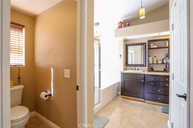 bathroom with vanity, lofted ceiling, a shower with door, toilet, and tile patterned floors