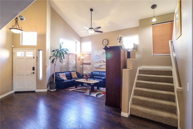 entryway featuring high vaulted ceiling, ceiling fan, and dark hardwood / wood-style floors