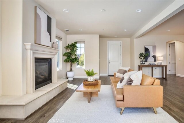 living room with a glass covered fireplace, wood finished floors, arched walkways, and baseboards